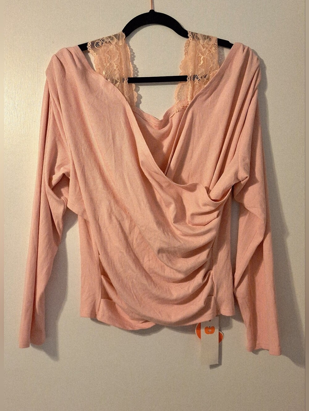 Cider Blush Pink Draped Long Sleeve Top with Lace Straps XL